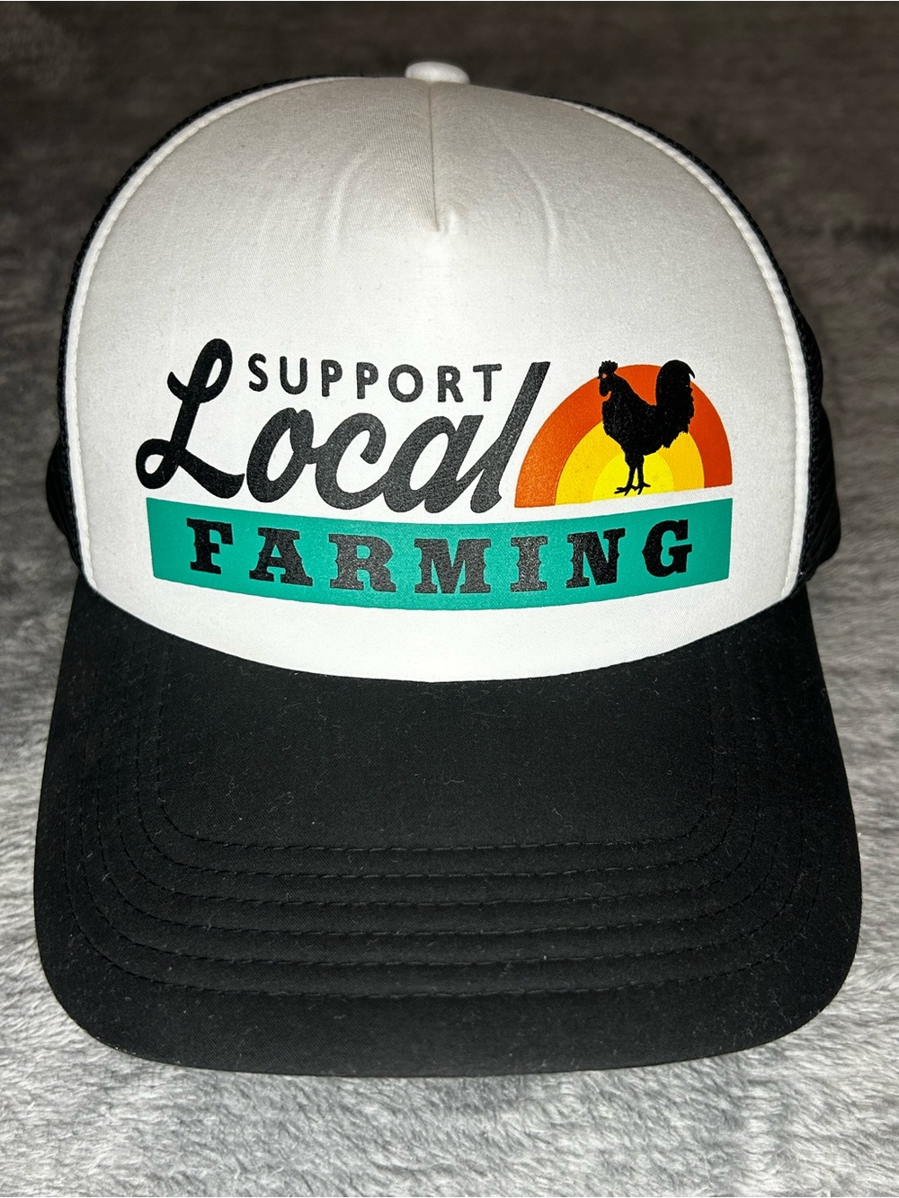 Retro Support Local Farming Rooster Trucker Hat Snapback Black/White